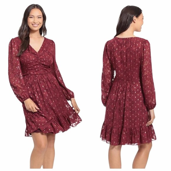 London Times Womens Petite V-Neck Dress Red Metallic Sz 8P Ruched Waist Tiered - Picture 1 of 13
